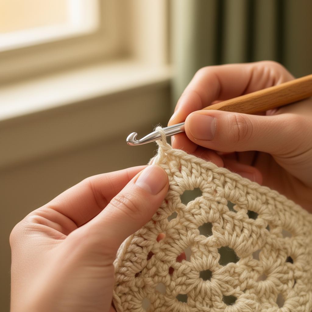 Hands crocheting cream yarn in soft light